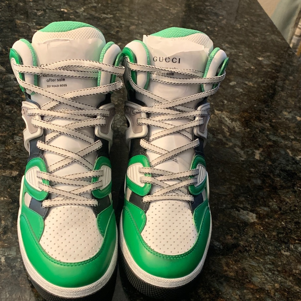 Gucci Kids High-Top Sneakers in White, Green & Black
